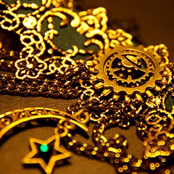 Steampunk Choker Necklace Vintage Bronze Gold Moon Pendant Elegant Gothic - Picture 5 of 7